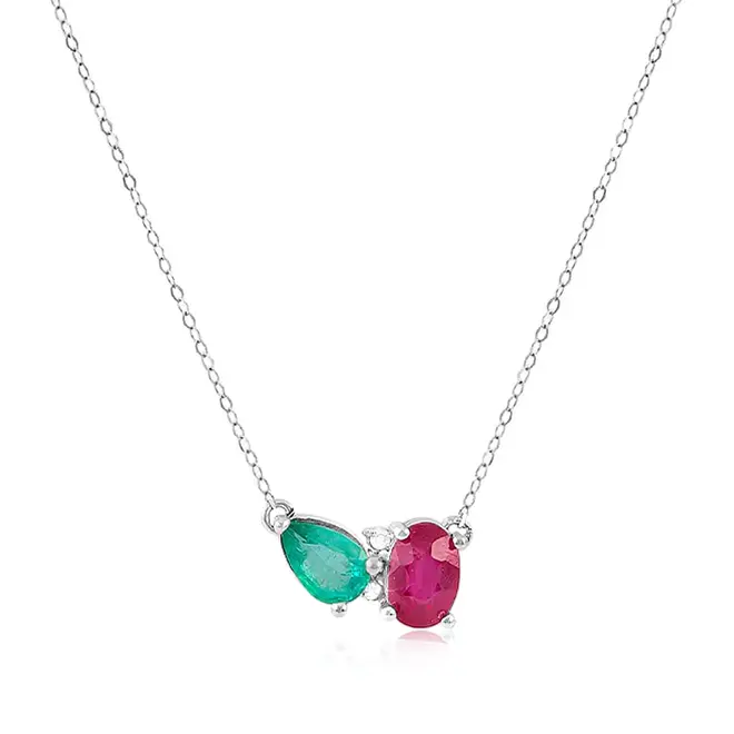 Colar de Ouro Branco com 2 Diamantes, Rubi e Esmeralda