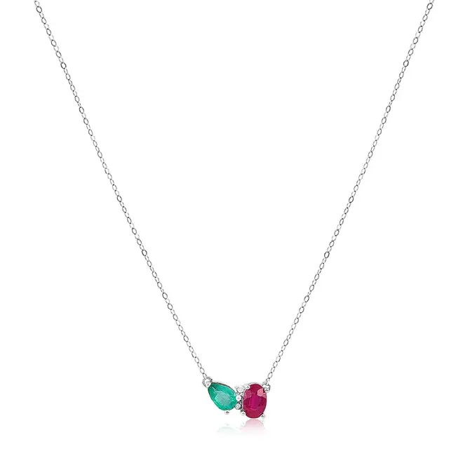 Colar de Ouro Branco com 2 Diamantes, Rubi e Esmeralda