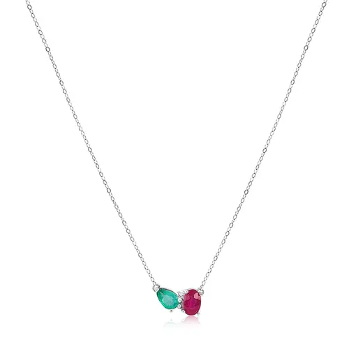 Colar de Ouro Branco com 2 Diamantes, Rubi e Esmeralda