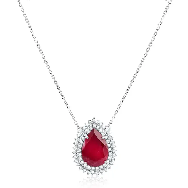 Pingente com Corrente de Ouro Branco, Diamantes e Rubi