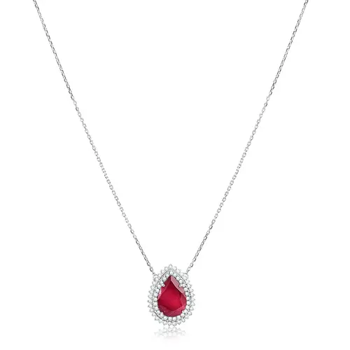 Pingente com Corrente de Ouro Branco, Diamantes e Rubi