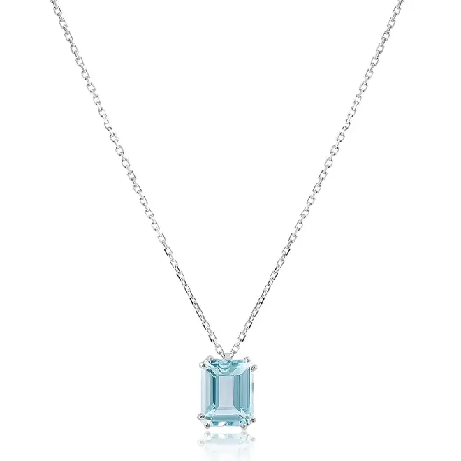Pingente de Ouro Branco com Corrente Elos Cartier com Água Marinha