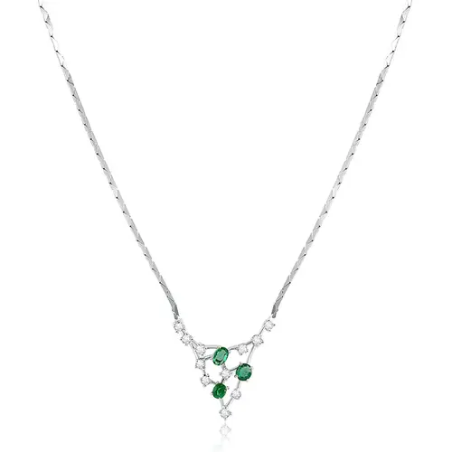Gargantilha Trabalhada de Ouro Branco com 11 Diamantes e 3 Esmeraldas