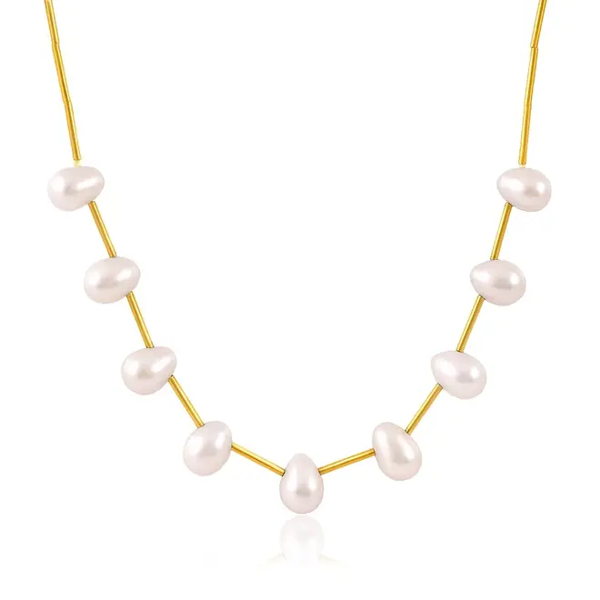 Gargantilha Canudinhos de Ouro Amarelo com Pérolas e Diamante