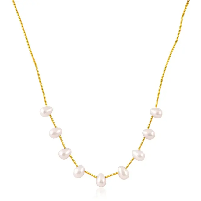 Gargantilha Canudinhos de Ouro Amarelo com Pérolas e Diamante