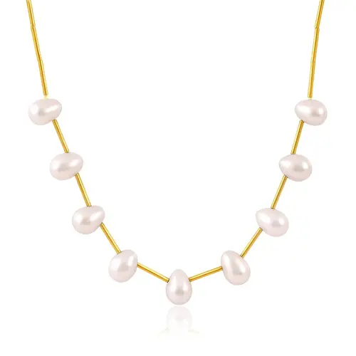 Gargantilha Canudinhos de Ouro Amarelo com Pérolas e Diamante