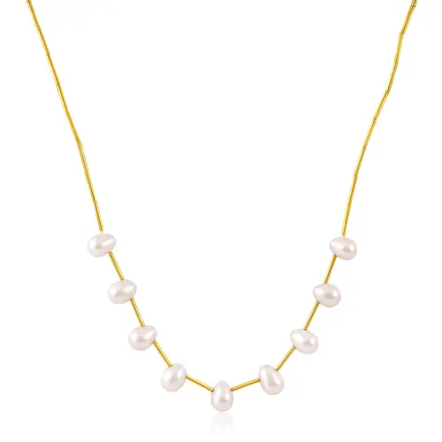 Gargantilha Canudinhos de Ouro Amarelo com Pérolas e Diamante