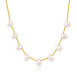 Gargantilha Canudinhos de Ouro Amarelo com Pérolas e Diamante