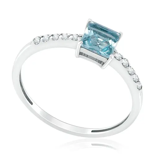 Anel de Ouro Branco com Diamantes e Topázio Azul