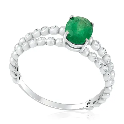 Anel Aro Duplo Trabalhado de Ouro Branco com Diamantes e Esmeralda Oval