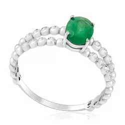 Anel Aro Duplo Trabalhado de Ouro Branco com Diamantes e Esmeralda Oval