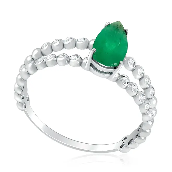 Anel Aro Duplo Trabalhado de Ouro Branco com Diamantes e Esmeralda Gota