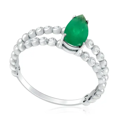 Anel Aro Duplo Trabalhado de Ouro Branco com Diamantes e Esmeralda Gota