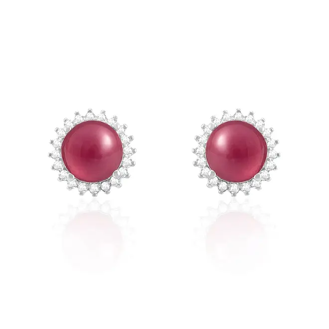 Par de Brincos de Prata com Cristais e Rubis Cabochon