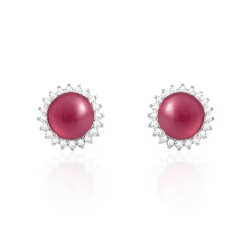 Par de Brincos de Prata com Cristais e Rubis Cabochon