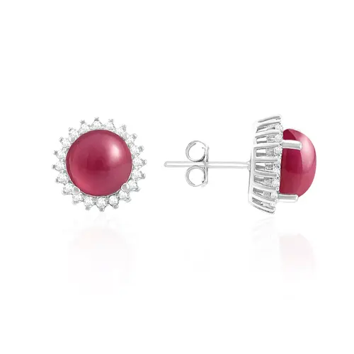 Par de Brincos de Prata com Cristais e Rubis Cabochon