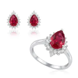 Conjunto Par de Brincos e Anel de Prata com Cristais e Rubis Gota