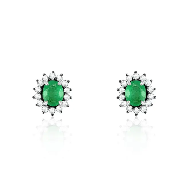 Par de Brincos de Prata com Diamantes e Esmeraldas