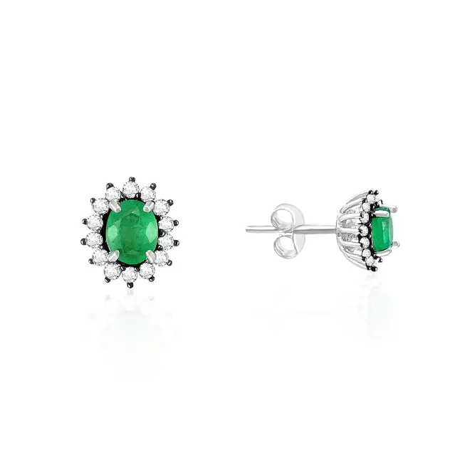 Par de Brincos de Prata com Diamantes e Esmeraldas