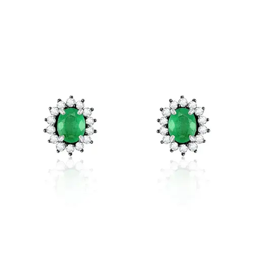 Par de Brincos de Prata com Diamantes e Esmeraldas