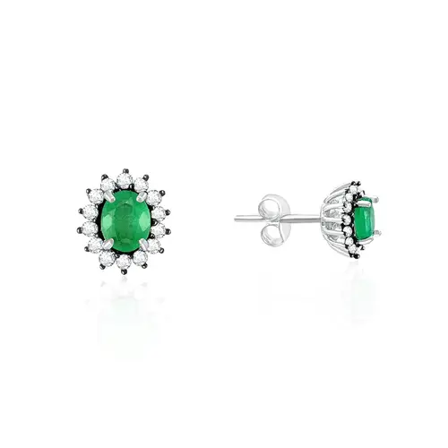 Par de Brincos de Prata com Diamantes e Esmeraldas