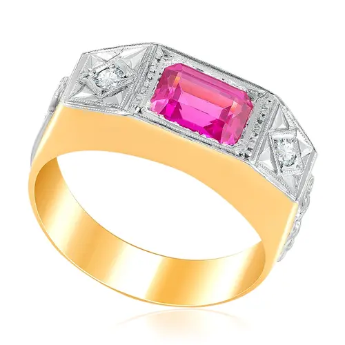 Anel de Formatura de Ouro Rose com Diamantes e Cristal Rubi