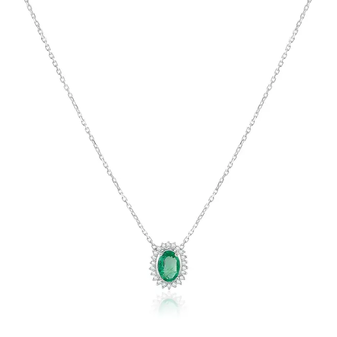 Pingente de Ouro Branco com Corrente Elos Cartier, Diamantes e Esmeralda de 72 pts.