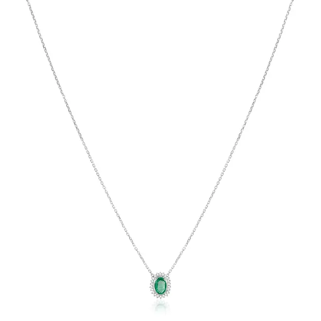 Pingente de Ouro Branco com Corrente Elos Cartier, Diamantes e Esmeralda de 72 pts.