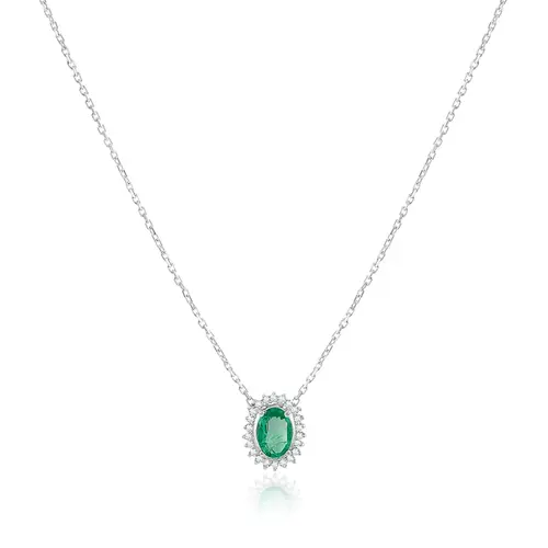 Pingente de Ouro Branco com Corrente Elos Cartier, Diamantes e Esmeralda de 72 pts.