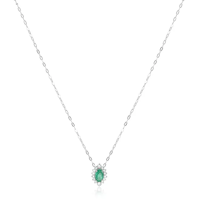Pingente de Ouro Branco com Corrente Elos Cartier, Diamantes e Esmeralda de 36 pts.