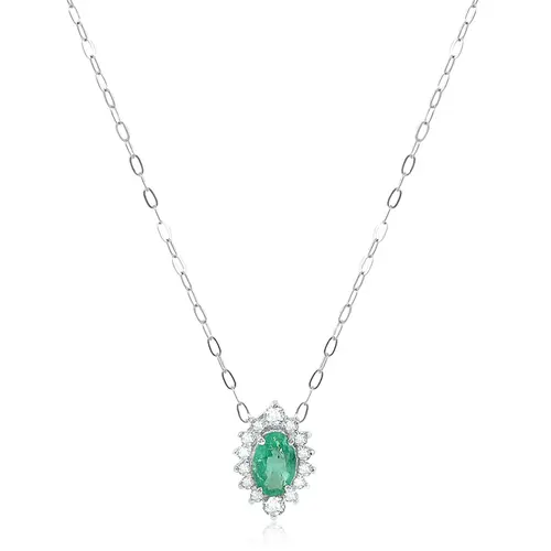 Pingente de Ouro Branco com Corrente Elos Cartier, Diamantes e Esmeralda de 36 pts.
