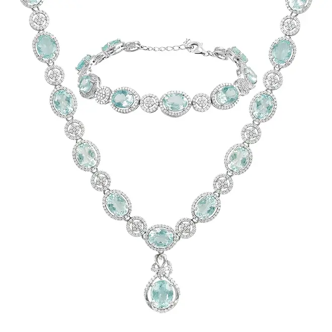Conjunto Gargantilha e Pulseira com Cristais e Águas Marinhas