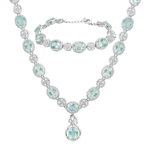 Conjunto Gargantilha e Pulseira com Cristais e Águas Marinhas