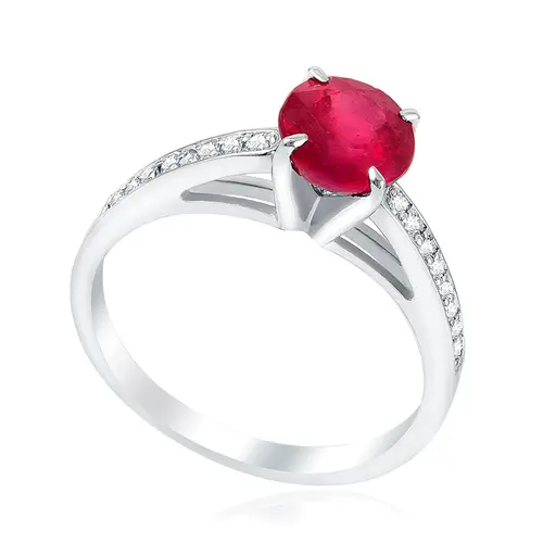 Anel Solitário de Ouro Branco com Diamantes e Rubi de 1,90 Cts.