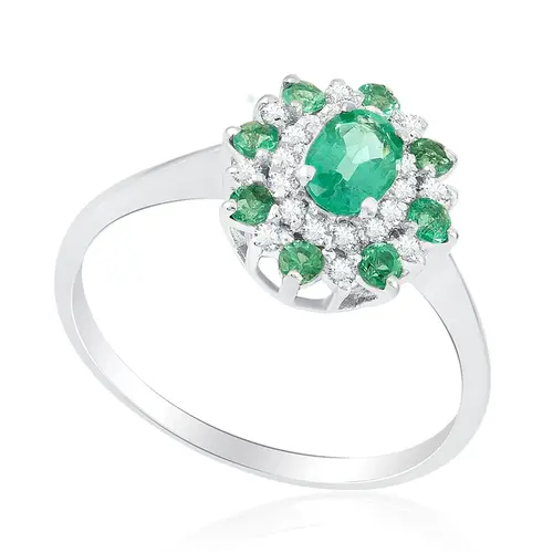 Anel de Ouro Branco com Diamantes e Esmeraldas totalizando 70 pts.