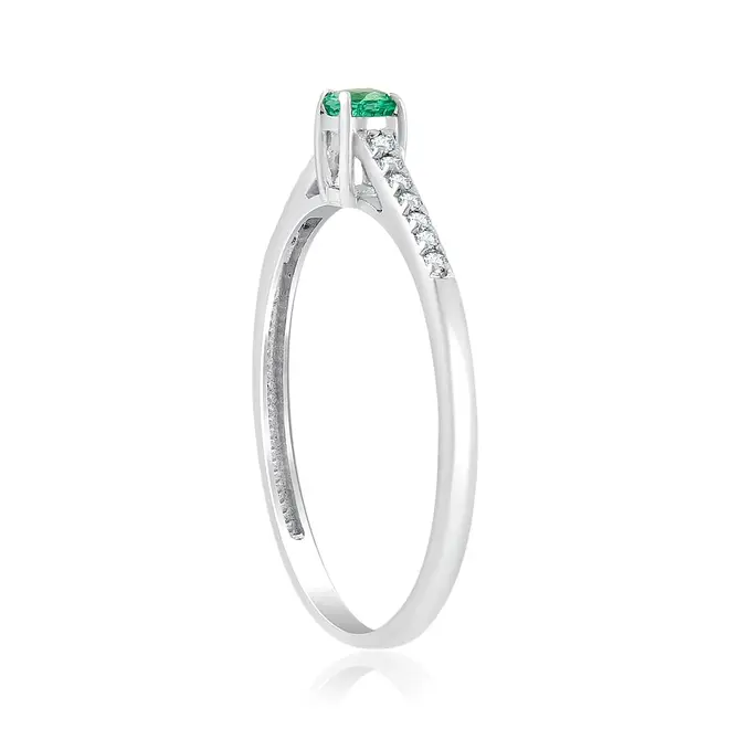 Anel Solitário de Ouro Branco com Diamantes e Esmeralda de 12 pts.