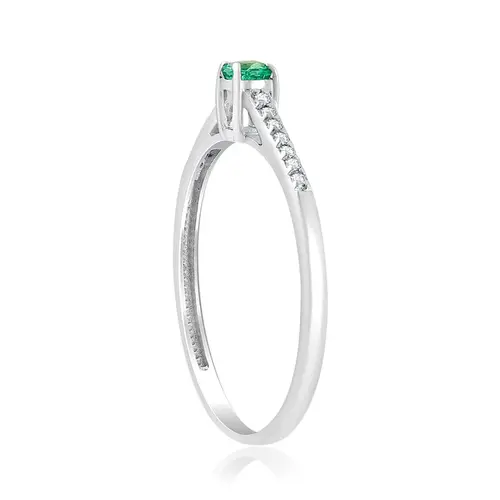 Anel Solitário de Ouro Branco com Diamantes e Esmeralda de 12 pts.