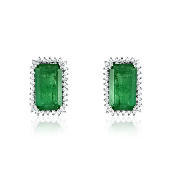 Conjunto Par de Brincos e Colar, com Diamantes e Esmeraldas