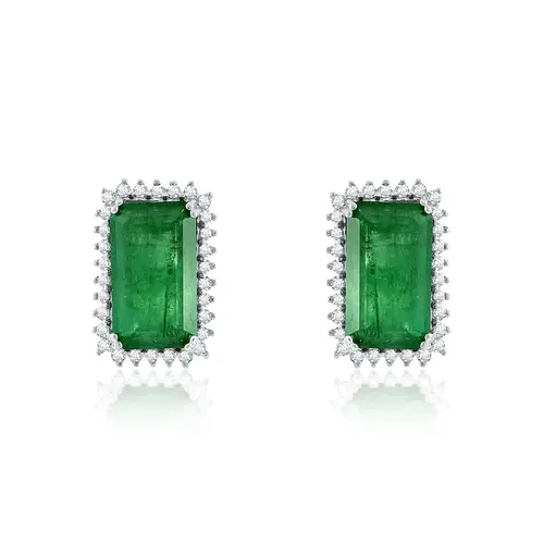 Conjunto Par de Brincos e Colar, com Diamantes e Esmeraldas