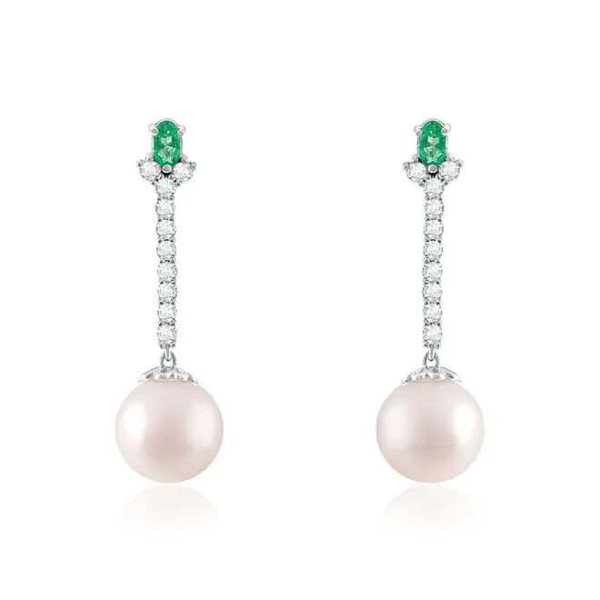 Par de Brincos de Ouro Branco com Diamantes, Esmeraldas e Pérolas South Sea