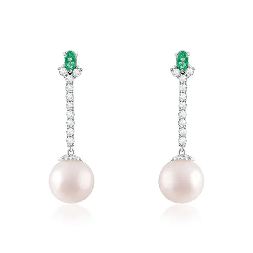 Par de Brincos de Ouro Branco com Diamantes, Esmeraldas e Pérolas South Sea