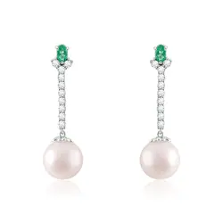 Par de Brincos de Ouro Branco com Diamantes, Esmeraldas e Pérolas South Sea