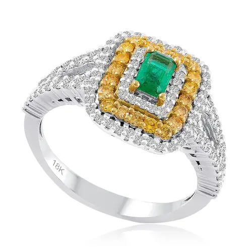Anel de Ouro Branco com Diamantes Brancos e Amarelos e Esmeralda Colombiana - Com certificado AGL - AE013