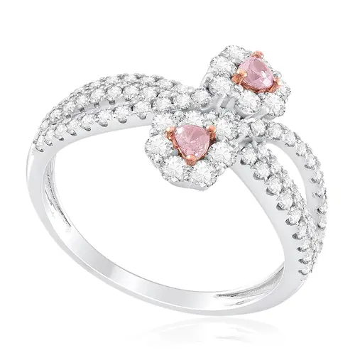 Anel Flores de Ouro Branco com Diamantes Brancos e Rosa - Com certificado AGL - AM03