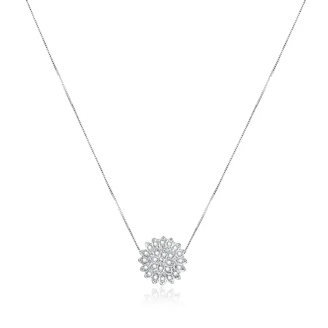 Pingente Chuveiro de Ouro Branco com Corrente e 30 pts em Diamantes