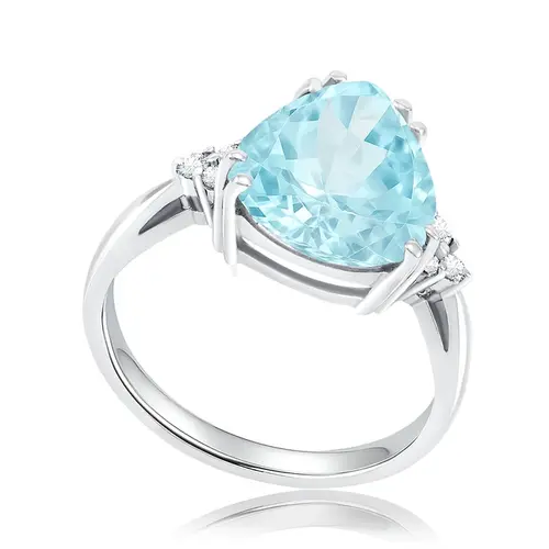 Anel de Ouro Branco com Diamantes e Água Marinha de 3,5 Cts.