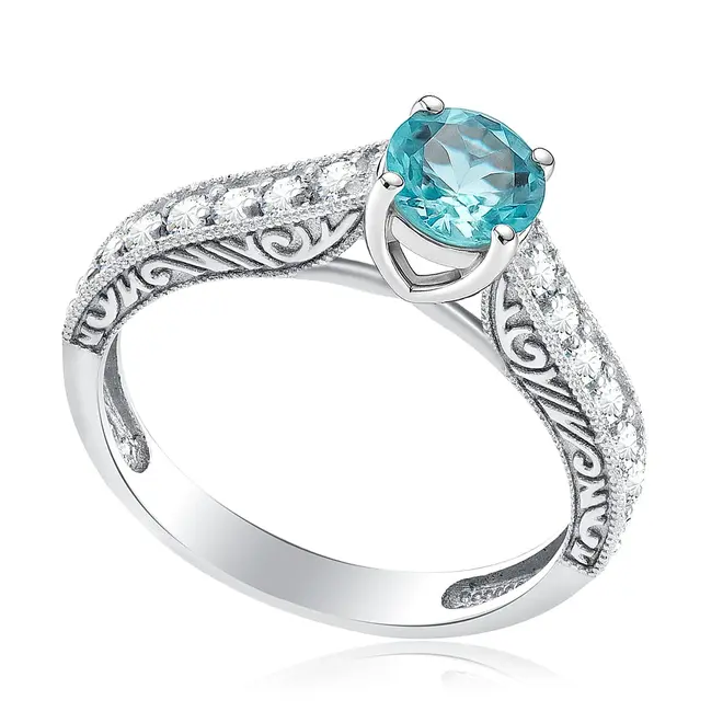 Anel de Ouro Branco com 30 pts em Diamantes e Turmalina Azul de 1 ct