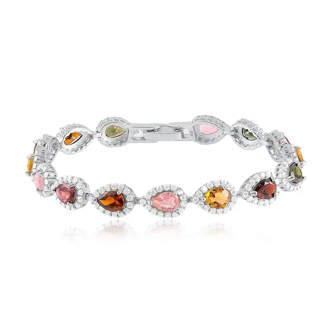 Pulseira de Prata com Cristais e Turmalinas Coloridas, com Acabamento em Ródio