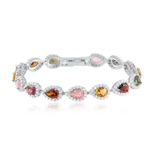 Pulseira de Prata com Cristais e Turmalinas Coloridas, com Acabamento em Ródio