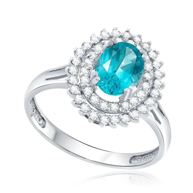 Anel de Ouro Branco com 46 Diamantes e Apatita de 1,25 Ct